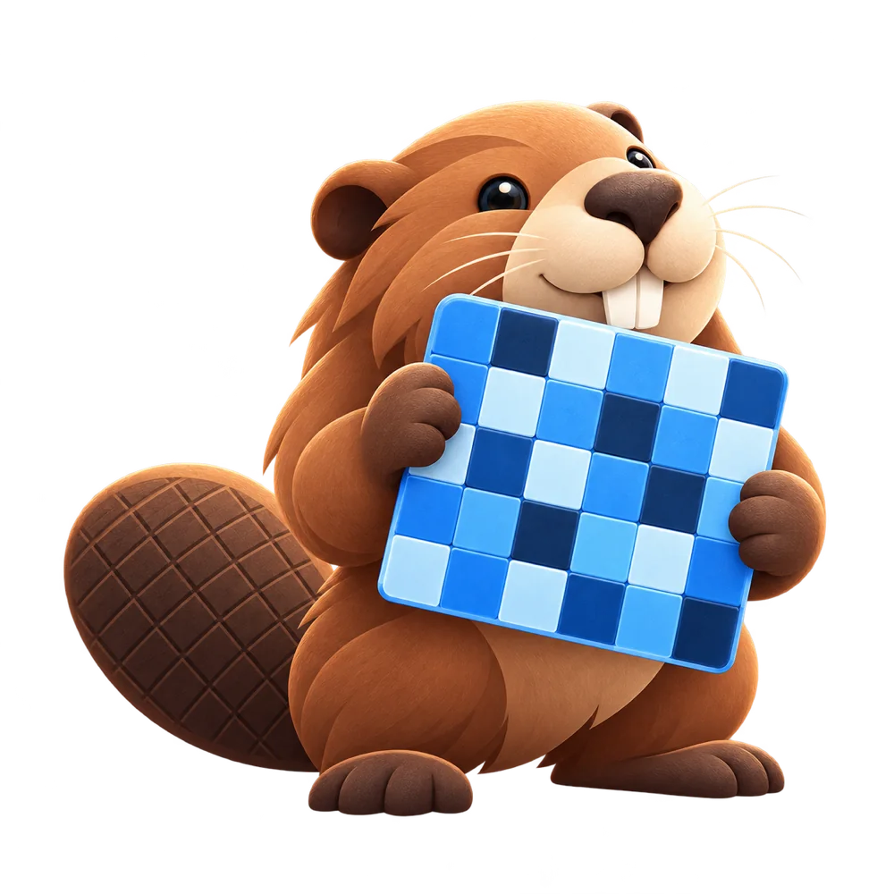 The Snix beaver holding up a tile of blue mosaic