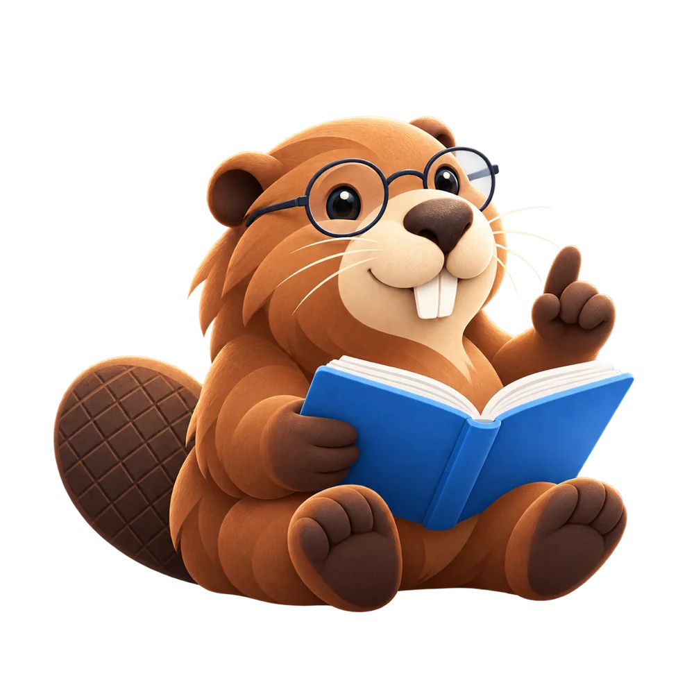 The Snix beaver reading a book with round glasses