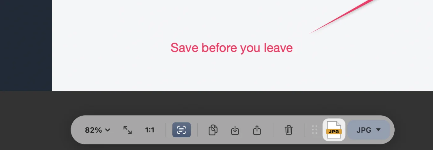 The Snix bottom bar: zoom, copy, export, share and the JPG file icon that drags straight into other apps