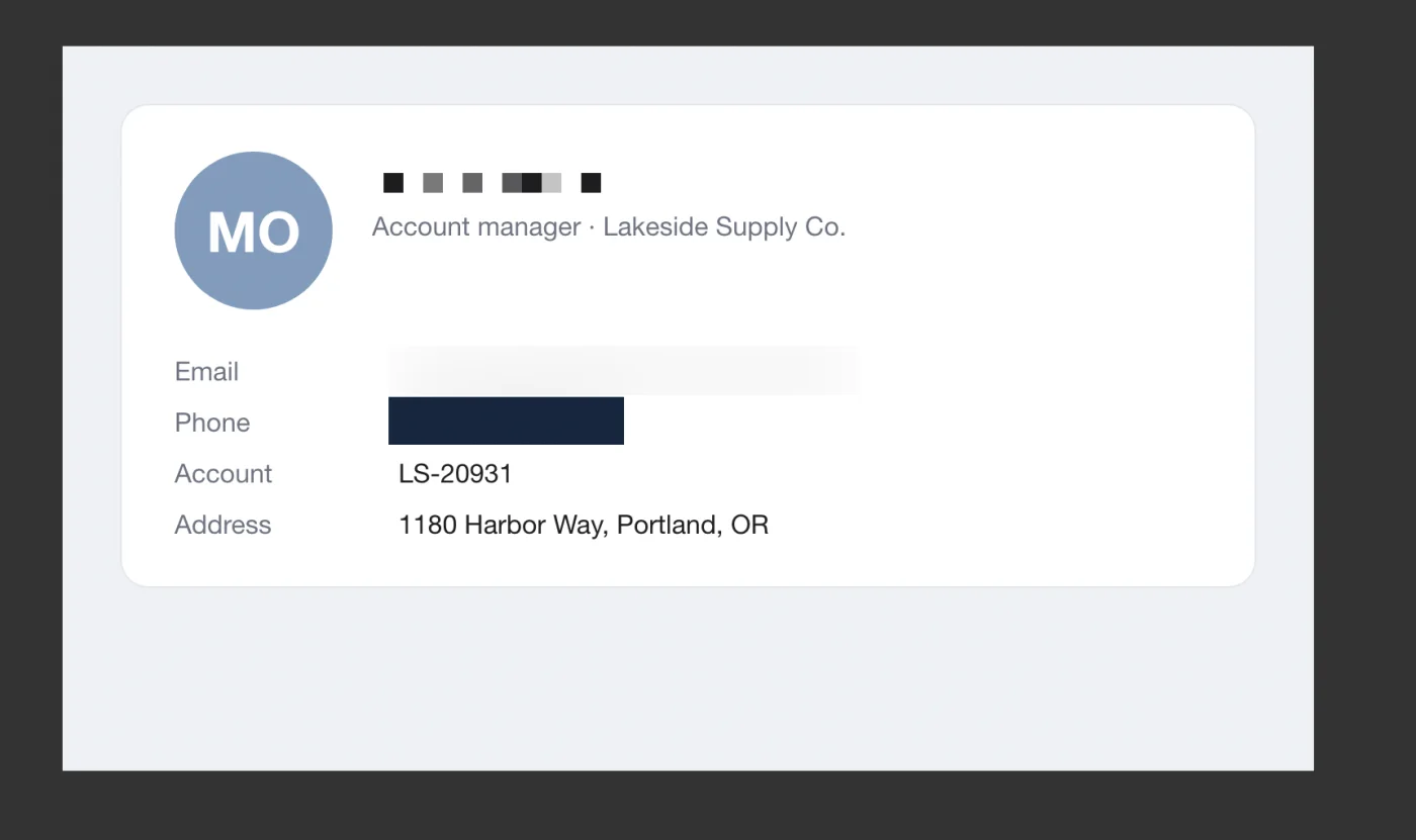 A contact card in Snix with the name pixelated, the email under frosted glass and the phone number under a solid cover