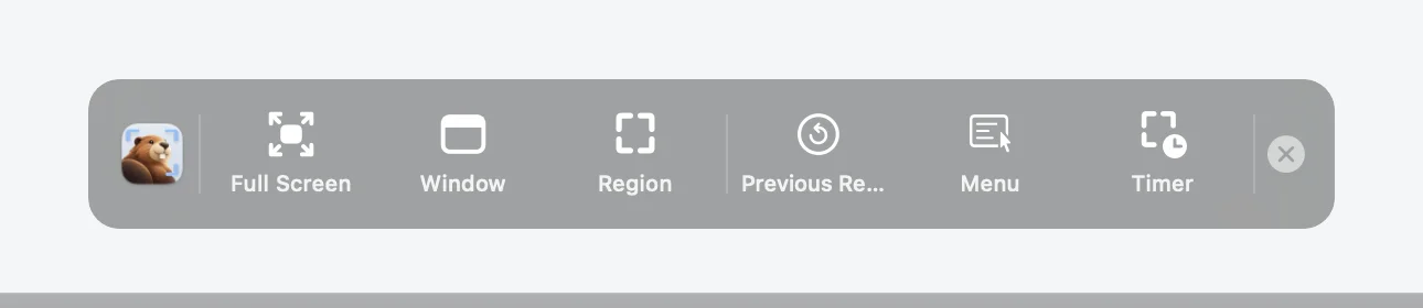 The Capture Options toolbar: Full Screen, Window, Region, Previous Region, Menu and Timer