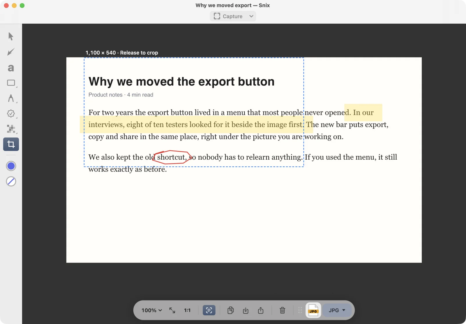The Crop tool mid-drag: a dashed frame over the image with the label 1,100 × 540 · Release to crop