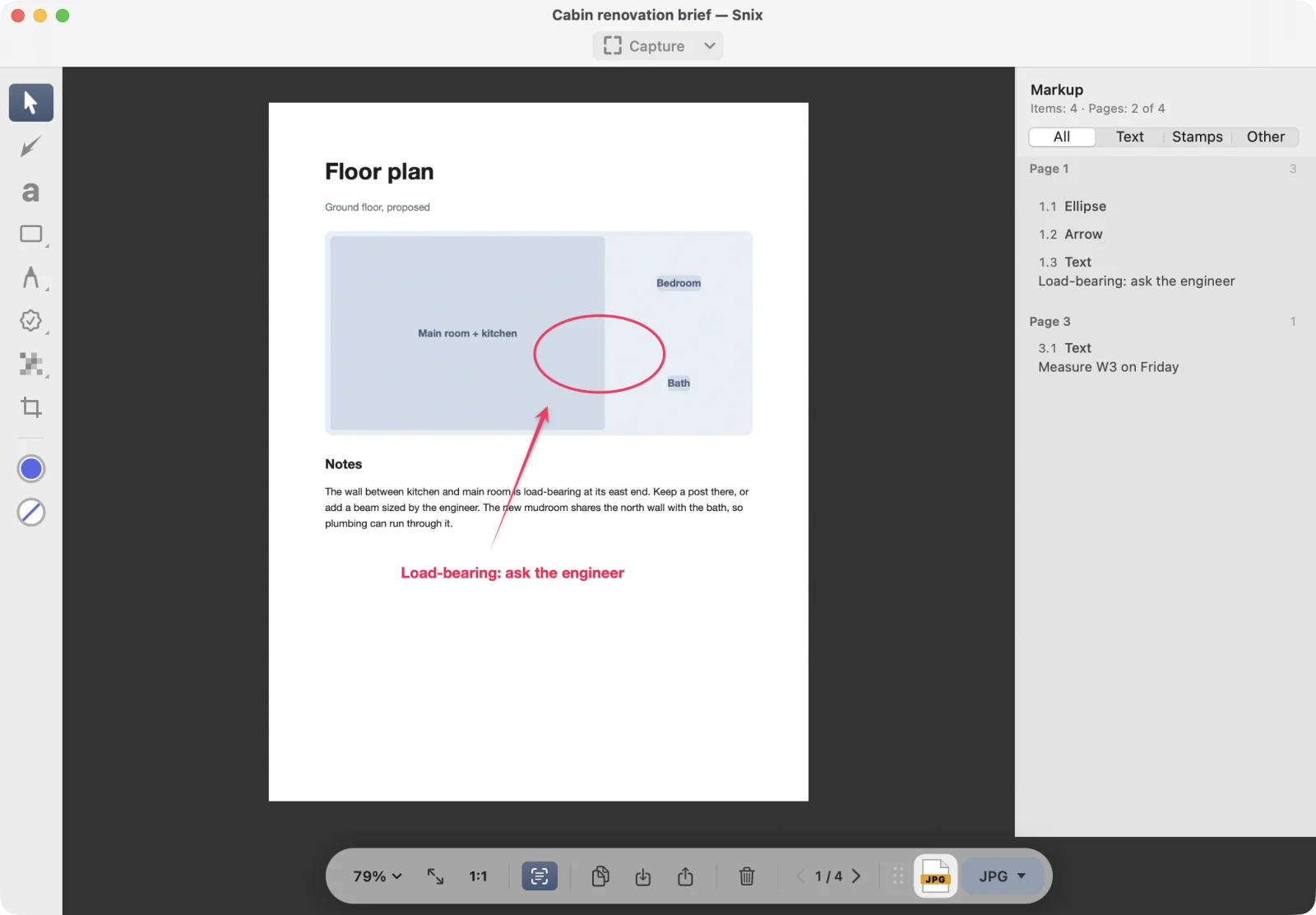A four-page renovation brief open in Snix: an arrow and a circle on the floor plan, and the markup list listing every note by page