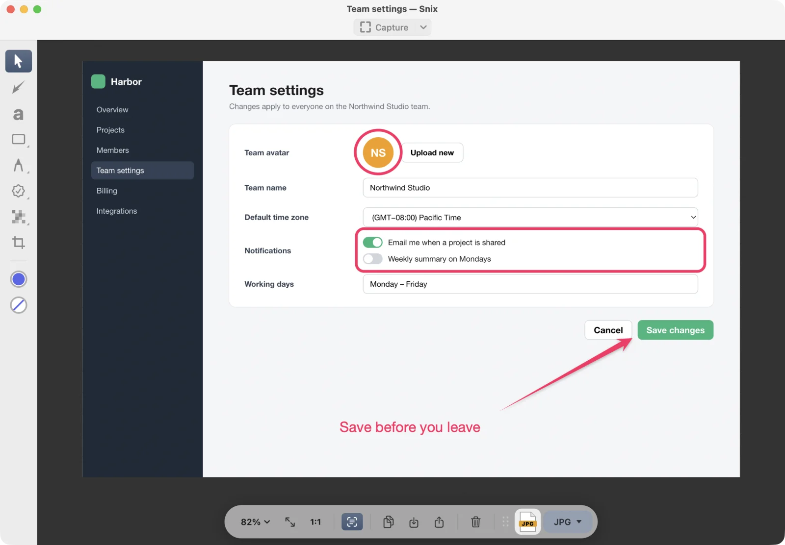 The Snix editor window with a screenshot of a team settings page marked up: a circle around the avatar, a box around the notification switches and an arrow pointing to Save changes, labelled Save before you leave