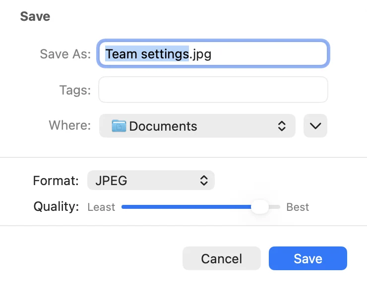 The Export panel with Format set to JPEG and the Quality slider between Least and Best