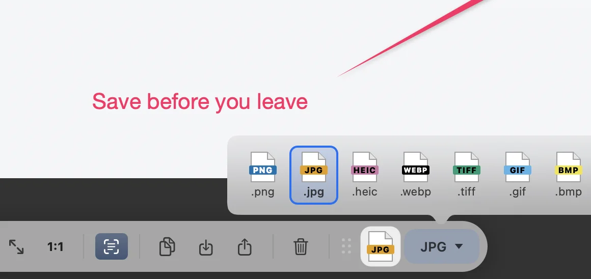 The format picker open above the file icon: PNG, JPG, HEIC, WebP, TIFF, GIF and BMP, with JPG selected
