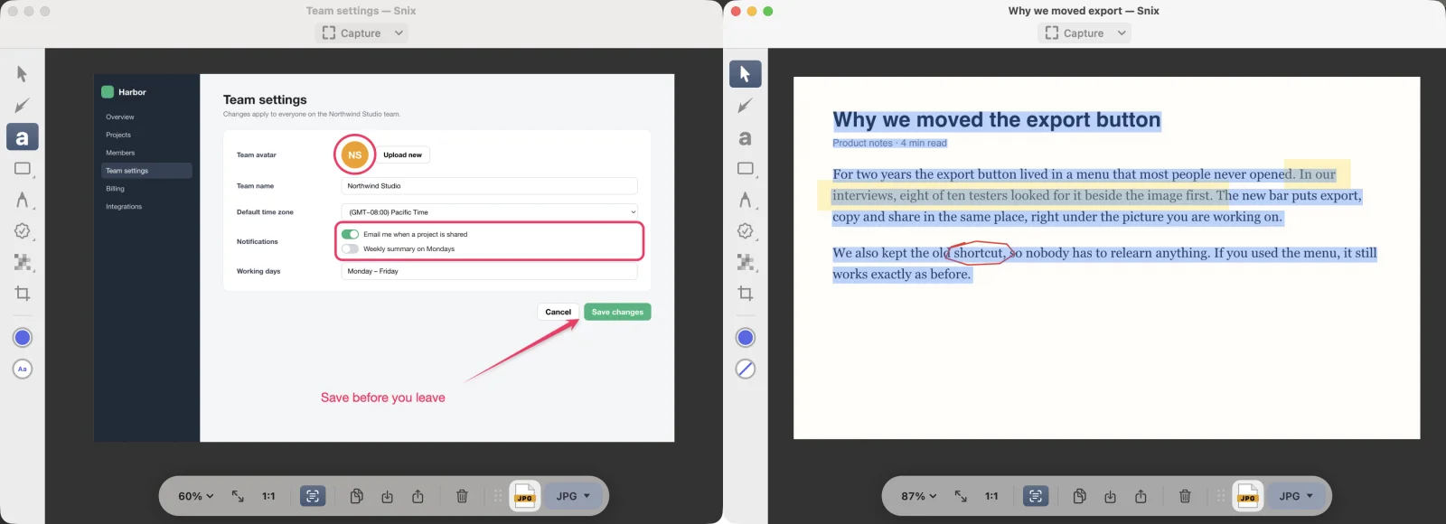Two Snix editor windows side by side, each with its own image and markup