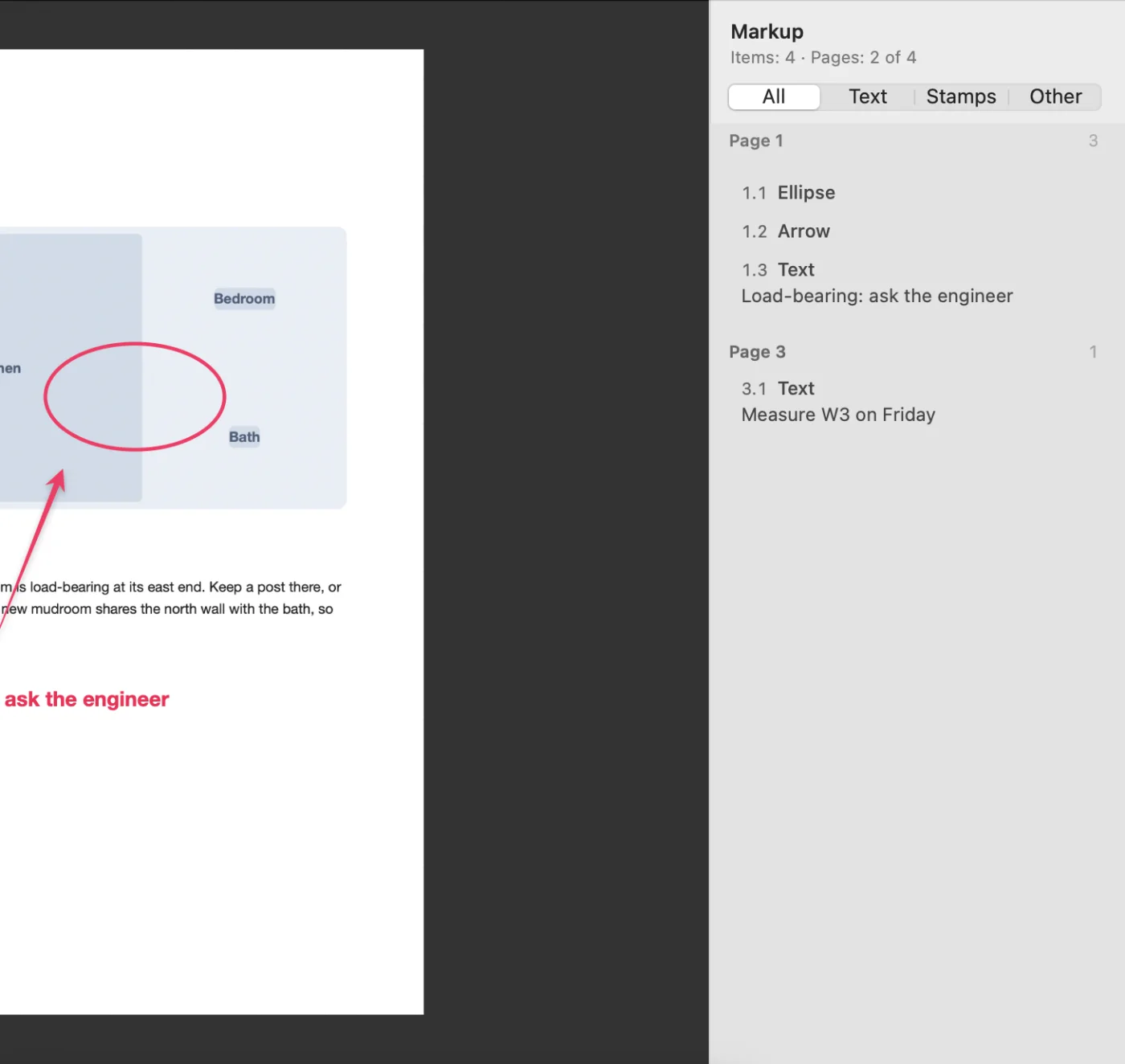 The markup list beside a PDF page, grouped by page with numbered entries