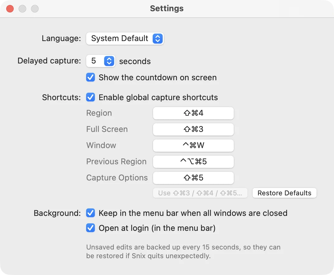 The Snix Settings window: Language, Delayed capture, Shortcuts, and Background options