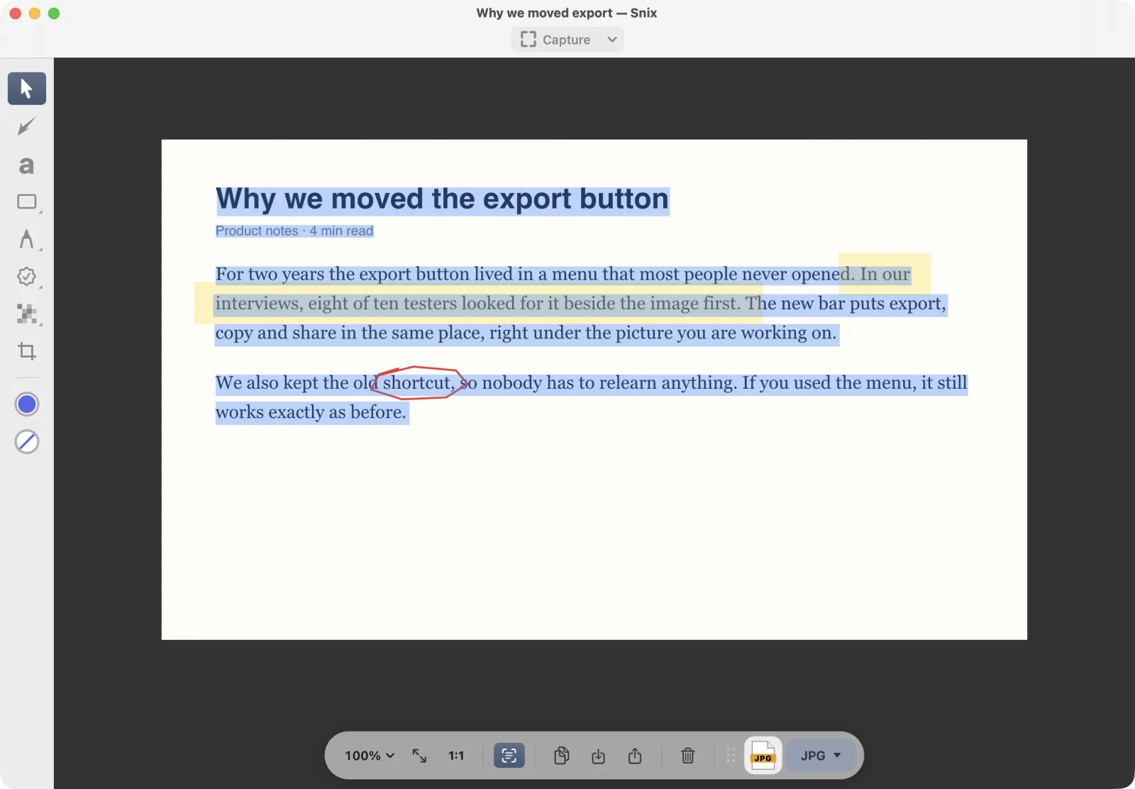 Recognized text selected in an image after Select All Text