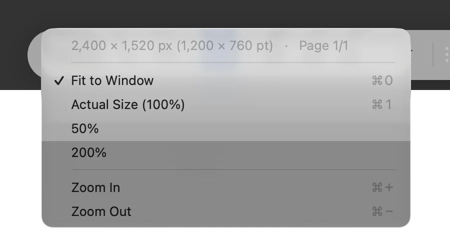 The zoom menu: the image size in pixels and points, then Fit to Window, Actual Size (100%), 50%, 200%, Zoom In and Zoom Out